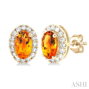 5x3 MM Oval Shape Citrine and 1/8 Ctw Single Cut Diamond Halo Semi-Precious Stud Earrings in 10K Yellow Gold